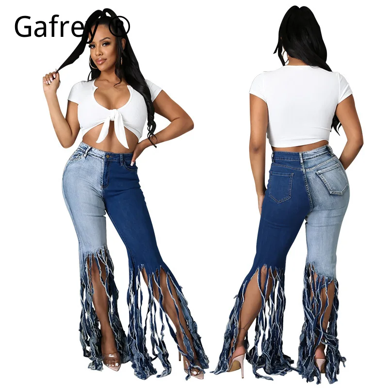 

Women's Sexy Fringe Washed Jeans, High Waist Ruched Drawstring Denim Pants, Skinny Stretch Trousers, Summer Streetwear Bottoms