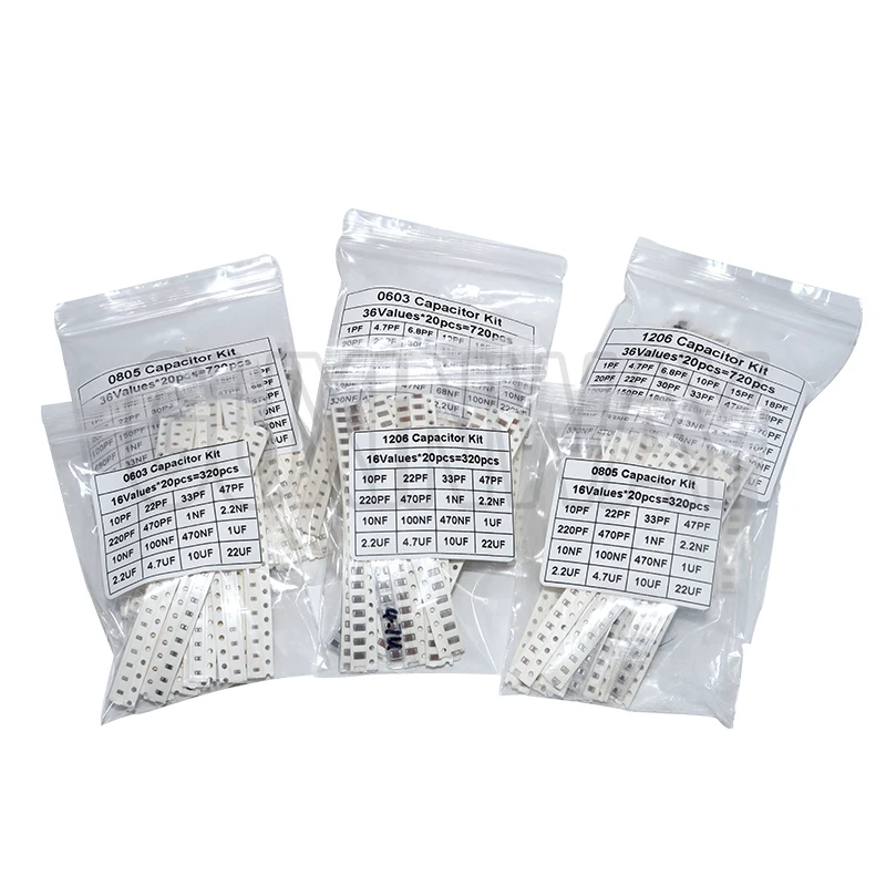 320PCS 720PCS 0603 0805 1206 SMD Capacitor Kit Assorted Kit 16/36/Values 1PF ~ 1UF