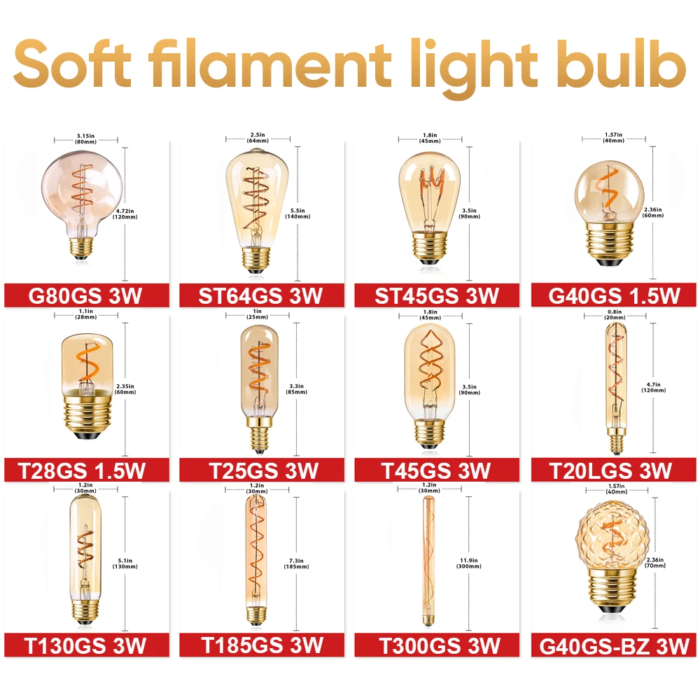 Bombilla Led Vintage E27 220V E14, Bombilla de filamento suave en espiral, 3W, Blanco cálido, tubo de araña para interiores, globo decorativo Edison