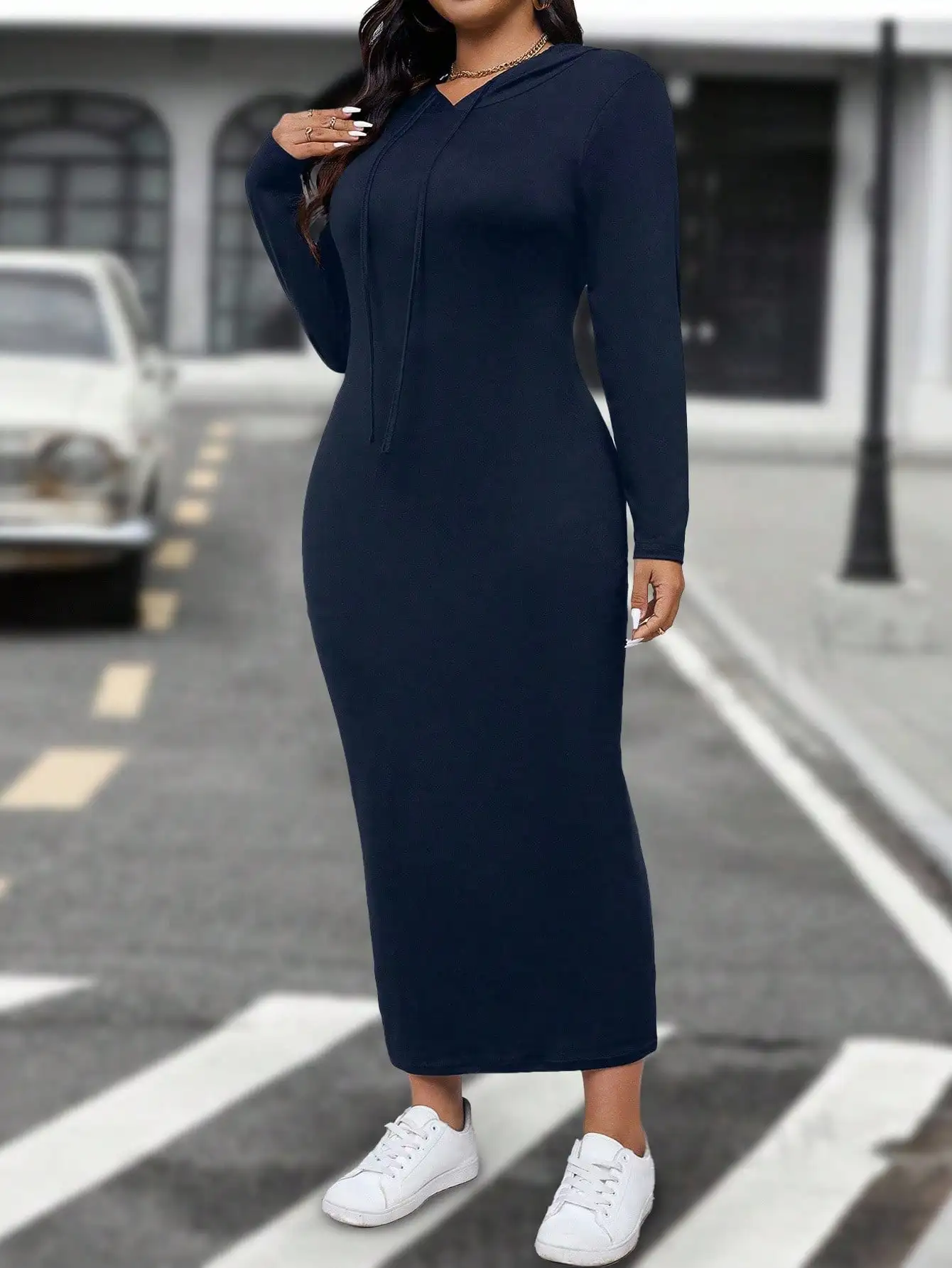 

Plus Size Solid Color Long Sleeve Casual Slim Long Dress Maxi Women Outfit