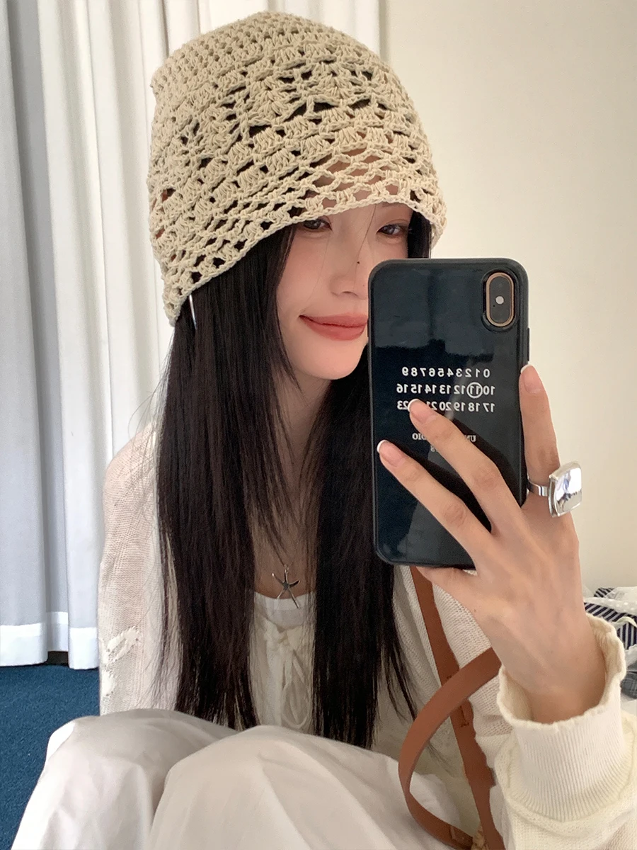

Retro Hand-Knitted Hollow out Headband Hat Women's Large Circumference Thin Knitted Hat Face Slimming Trendy Cold Cap