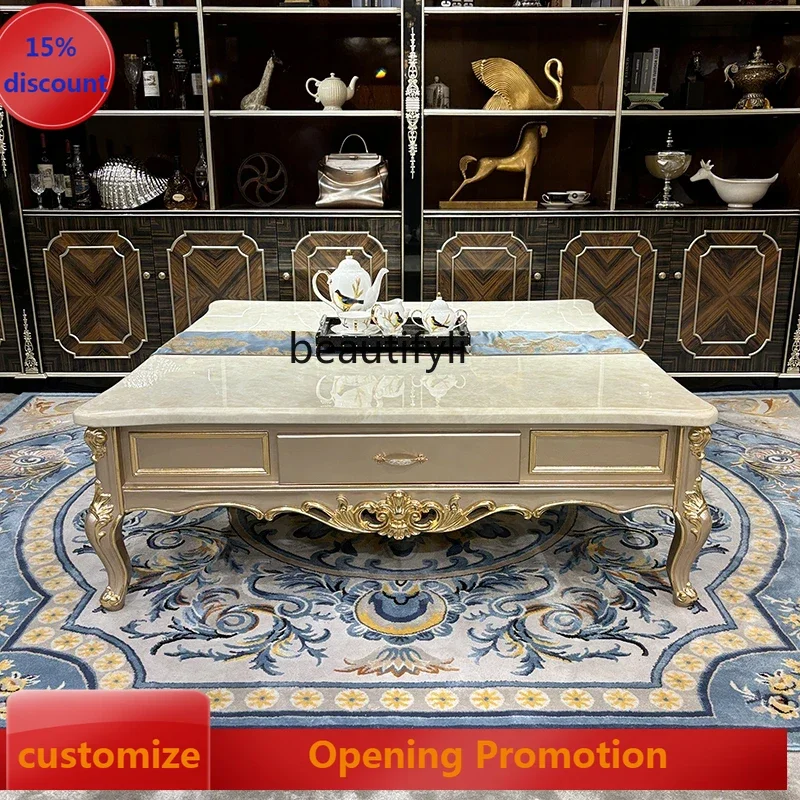 ss8350 French coffee table European solid wood square table palace luxury villa living room with drawers marble large coffee tab