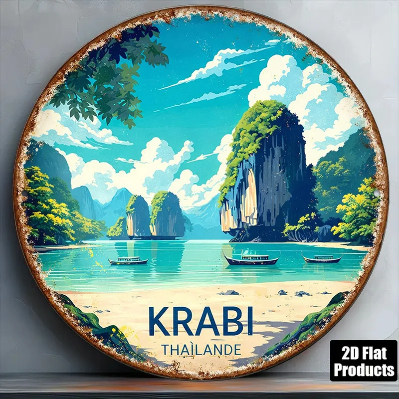 Letrero redondo plano 2D - 1 unidad, 8*8 pulgadas/20x20 cm, placa retro con la imagen de la bahía de Phuket en Tailandia, letrero decorativo con paisaje costero de Krabi