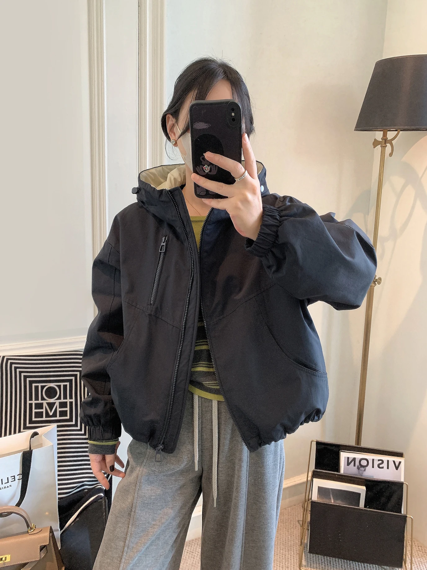 

Faionable Korean Sle Women's Cotton Jaet with Dstring Hood Color Blo Design ort Coat Spring Autumn Winter New Ar...