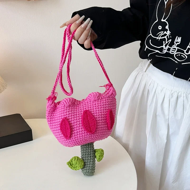 

Милая мини-вязаная сумка через плечо с тюльпаном, мягкий модный аксессуар на одно плечо для женщин, универсальная стильная мягкая сумка для девочек