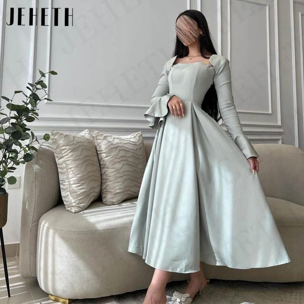 JEHETH Dubai Long Sleeves Evening Dress Green Simple A Line Formal Occasion Dresses Women Square Collar Ankle Length فساتين سهرة