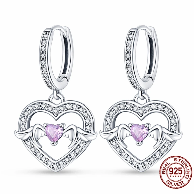 

925 Sterling Silver Wing Heart Earrings for Women Sparkling Zirconia Anniversary Wedding Jewelry Gift