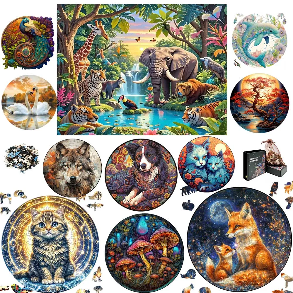 Fox Wooden Animal Decompressed Puzzle for Adult Kids Lovely Cat Elephant High Quality Puzzle Brain Twister Toys Holiday Gifts