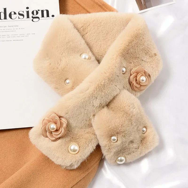 Korean Pearl Flower Faux Rabbit Fur Cross Plush Scarf Women Winter Outdoor Windproof Neck Protection Fake Collar Warm Shawl T61