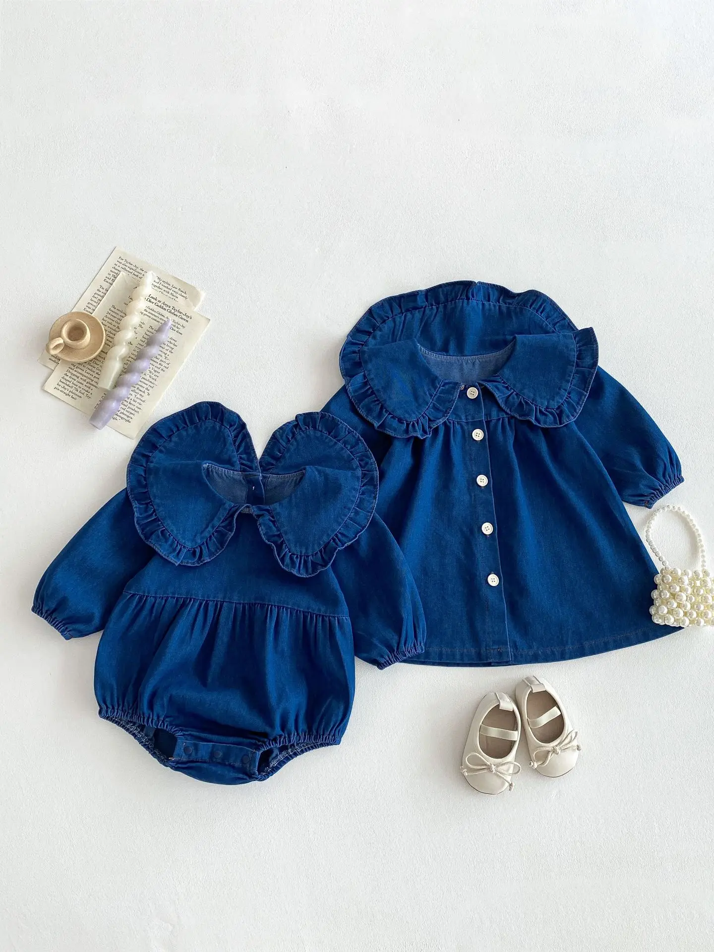 Korean Spring New Baby Girls' Denim Bodysuit Toddler Long Sleeve One Piece Sisters Clothes Children's Peter Pan Collar Dress