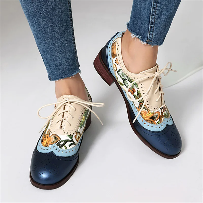 PXELENA Designer Women Oxfords Chunky Low Heels Brogue Shoes Fretwork Wing Tip Lace Up Derby Comfort Daily Casual Ladies Office