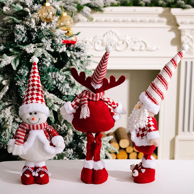 Red and White Striped Santa Claus Standing Dolls Christmas Snowman Elk Telescopic Doll Ornament Merry Christmas Decor for Home