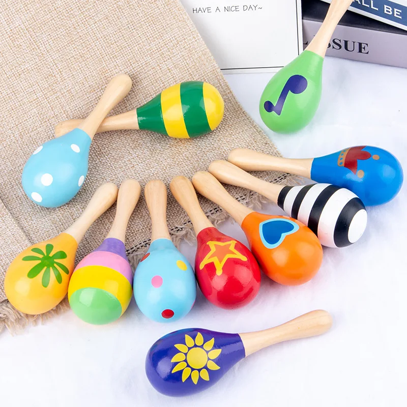 Wooden Maraca Rattles Shaker Percussion Kids Holds Musical Toy Cartoon Sand Ball Wooden Sand Hammer Auditory Ringing Exercise