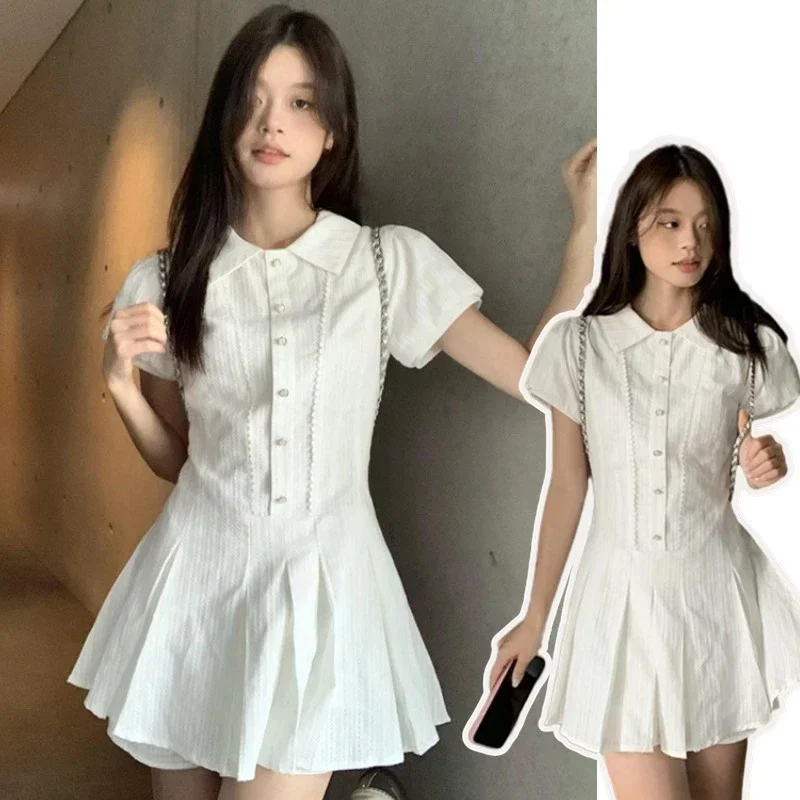 Mini Dress Preppy Style School Student Puff Sleeve Summer A-line Short Dresses