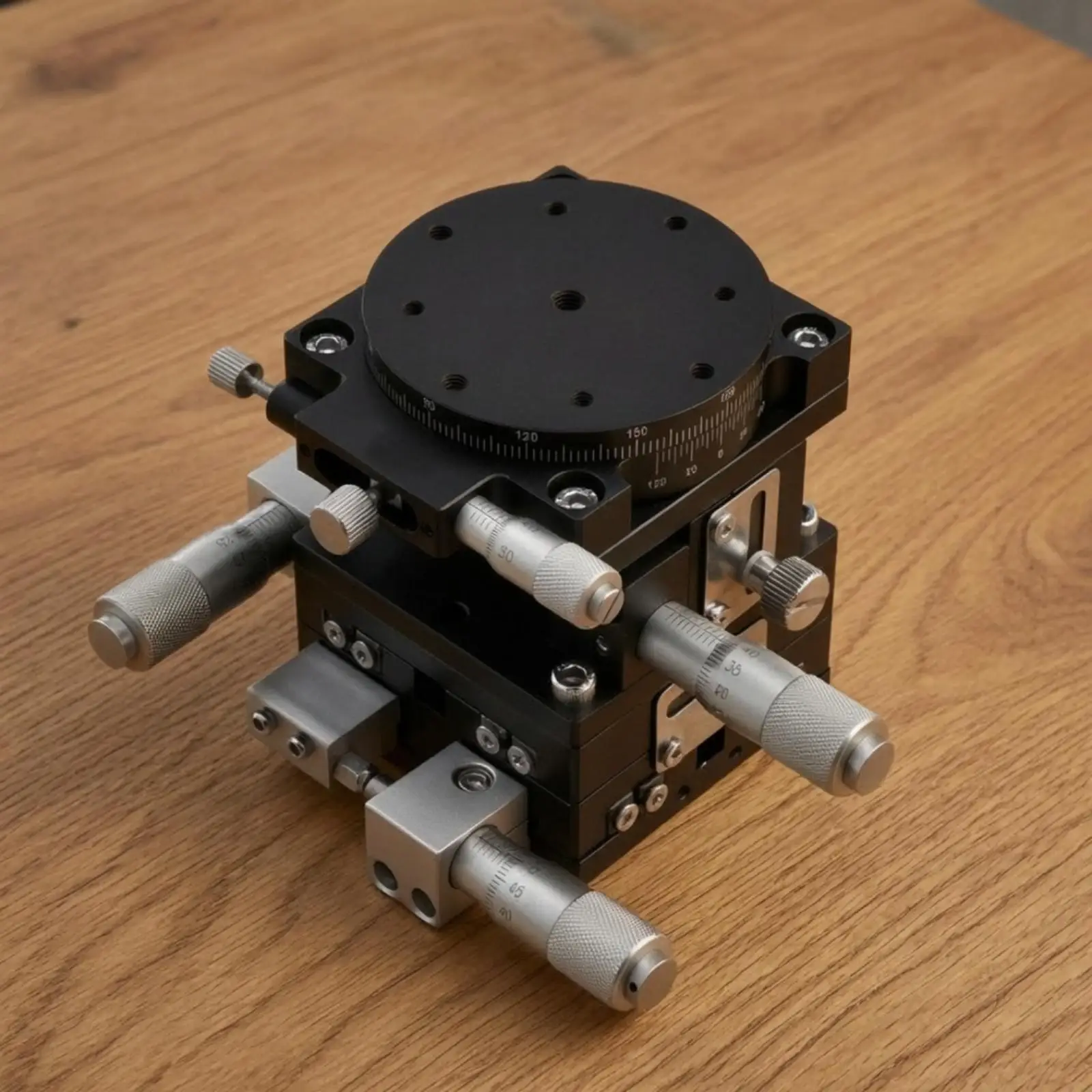 Manual Linear Stage with Black Anodized Base and Knurled Control Knobs for Accurate Calibration in Research Labs