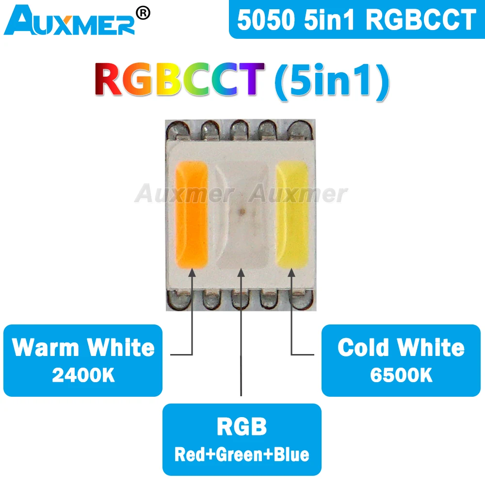 5050 RGBCCT Luzes de tira LED, 60 ou 96 LEDs/m, 5 em 1, IP20, 38,4 W/m, tiras de LED RGBCCT 2400K~6500K, temperatura ajustável, KTV, faça você mesmo