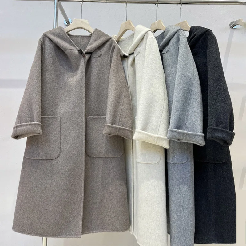 Simple New Hooded Double-sided Cashmere Coat Women Long Loose Temperament Hand-sewn Warm Wool Jacket Fit Autumn Winter Outerwear