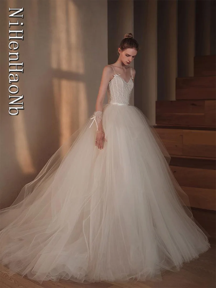 Robe de mariée en dentelle française, bretelles Spaghetti, traîne Court, nouvelle collection 2023