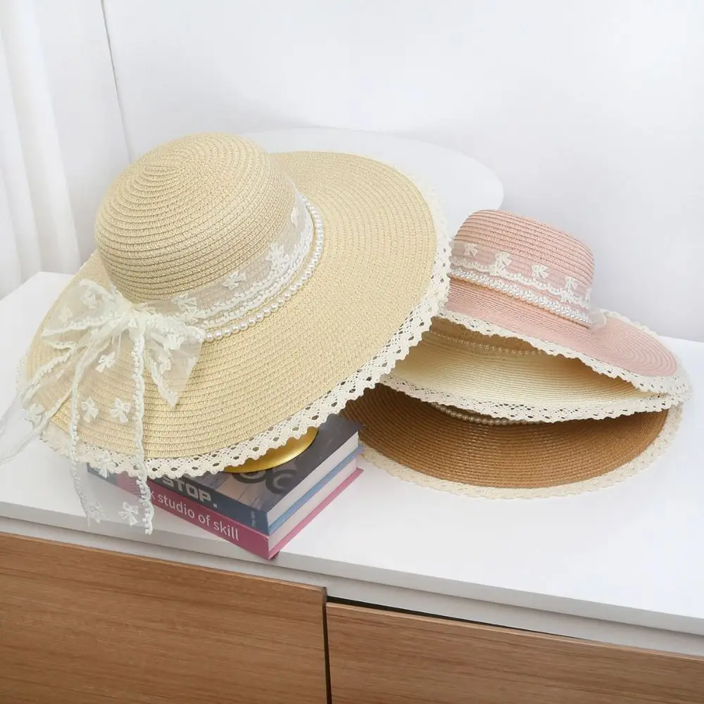 

Elegant Wide Brim Straw Hat Breathable Korean Style Weave Bucket Hat Comfortable To Wear Pearl Chain UV Protection Cap Girls