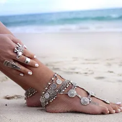 Antique Silver Color tassel  Boho Gypsy Coin Ankle Bracelet Foot Chain Women Anklets Vintage Retro Boho Beach Jewelry Gifts 26cm