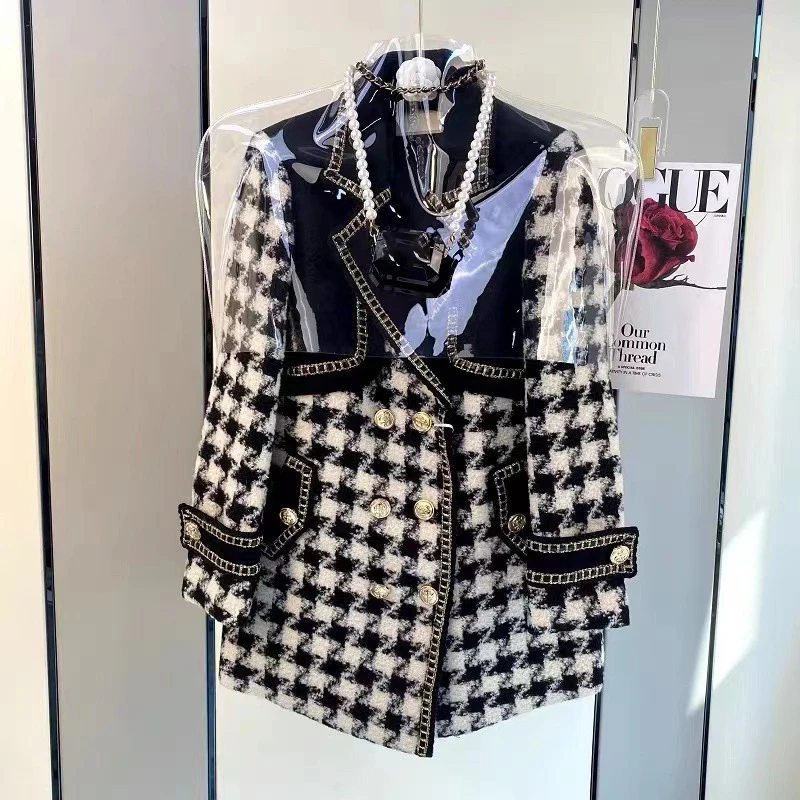 Vintage Thousand Bird Plaid Blazer Jacket Women Oversized Double Breasted Coat Trendy Warm Loose Fitting Outwear 2024 Spring