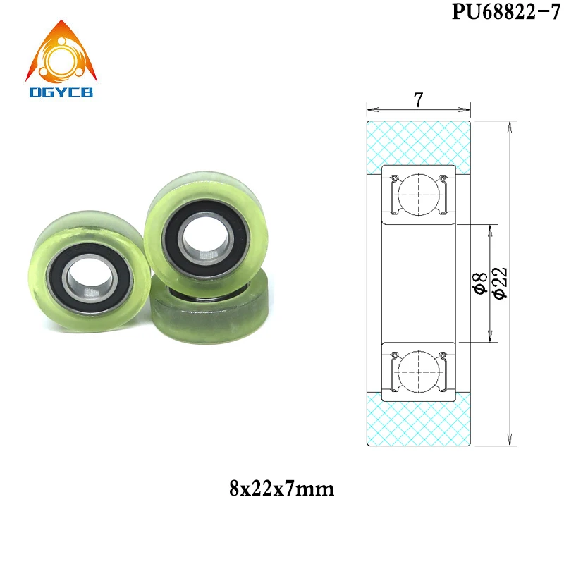 1pcs 8*22*5 mm PU Coated Rollers 688RS Plastic Bearings PU68822-5 OD 22mm Polyurethane Soft Rubber Guide Wheel Pulleys 8x22x5