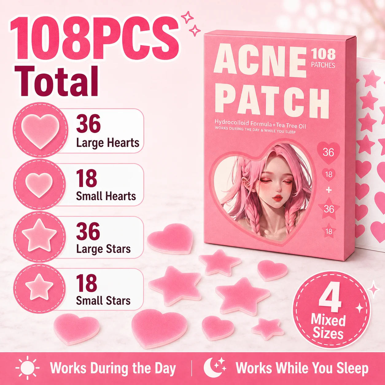 108PCS Cute Pink Heart Star Spot Cover Patches Hydrocolloid Blemish Stickers Invisible Face Patch for Daily Skin Care