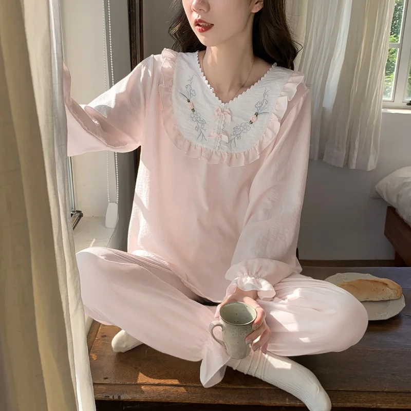 Autumn Women\'s Pajamas Sets Long Sleeve V-Neck Top Tee Button Down Elastic Waist Trousers Home Suit Spring Loungewear Sleepwear