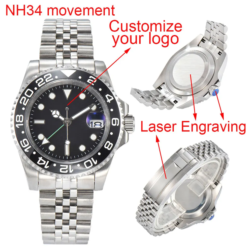 40mm Luxury NH34 Movement Men's Mechanical Automatic Watch 100M Waterproof GMT Watch Sapphire Glass Watch Reloj Hombre Watchman