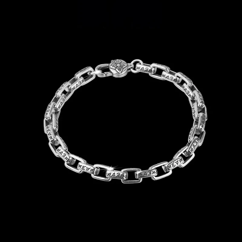 

High-end Fine 925 Sterling Silver Bracelet Men's Fashion Retro Jewelry 18cm/20cm/22cm Chain Six-Character Mantra Bracelet Gift