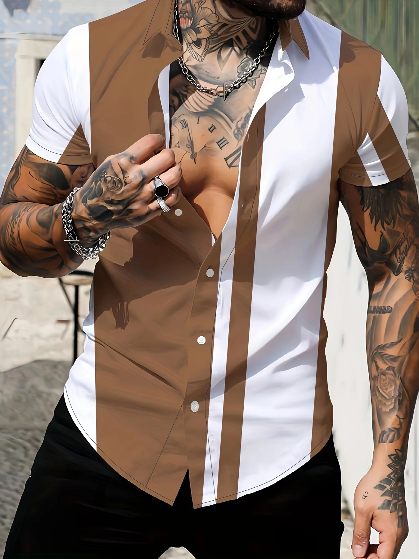 القميص الرجالي الجديد بأكمام قصيرة لصيف 2025 قابل للتنفس وخفيف الوزن كاجوال وعصري مع طبعات مخططة #3