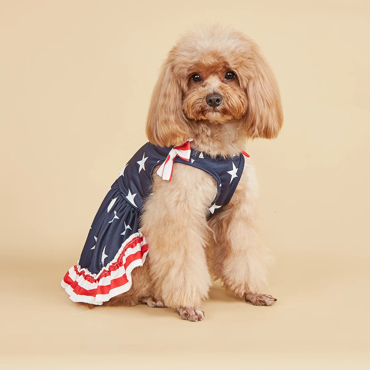 Striped Dress Shirt Cute Bowknot Sundress American Flag Stars Printed Princess Summer Puppy Apparel Clothes with Ruffles for Sma