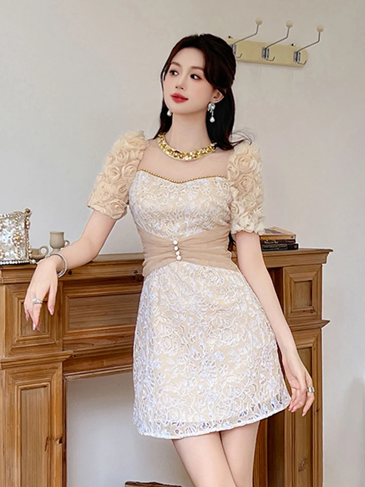 Robe de soirée en dentelle à fleurs pour femmes, vêtements de luxe élégants, manches bouffantes, mince, mini, courte, fête, Rh, éducatif, nouveau, été