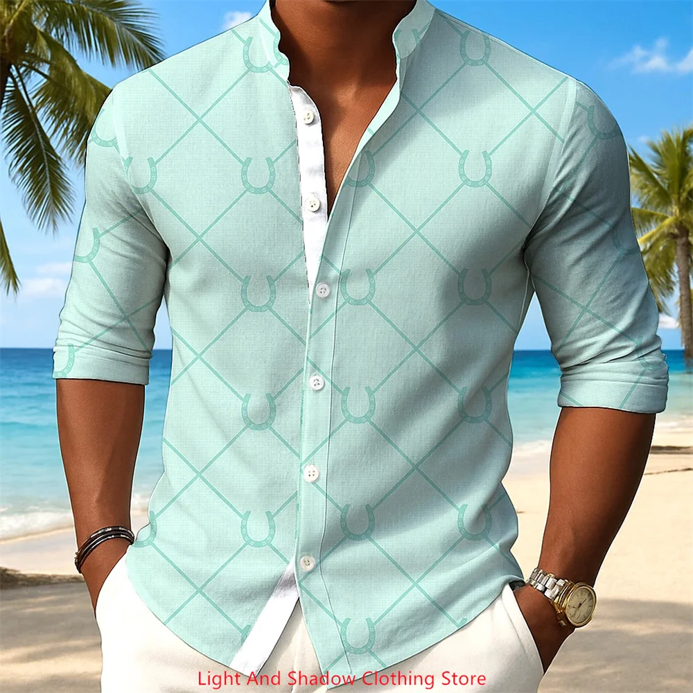 

Men's business casual shirt U-shaped printed pattern shirt long sleeved lapel button street fashion party shirt XS-6XL