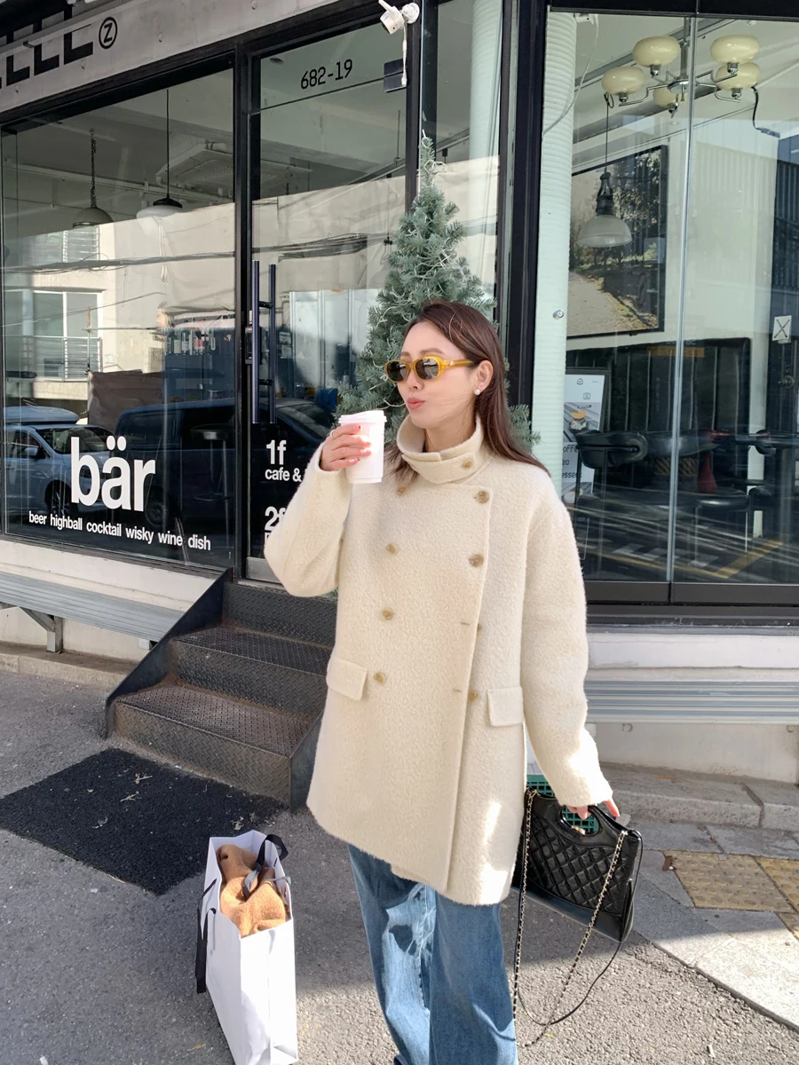 

Двубортное пальто ручной работы из шерсти альпаки, женское, длинное, с воротником-стойкой, средней длины, в корейском стиле, прямого кроя, для повседневной носки