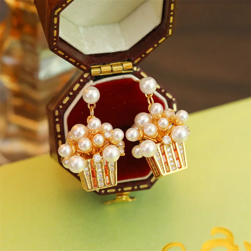 Vintage Baroque Pearl Popcorn Drop Earrings for Women Creative Shiny Rhinestone Flower Basket Earring Party Banquet Jewelry Gift