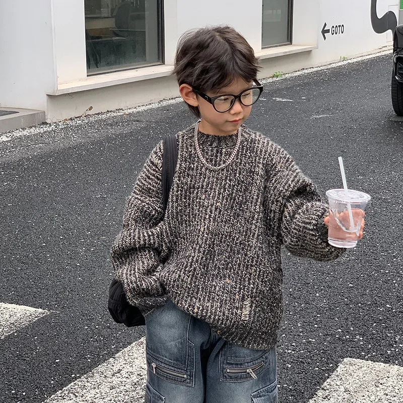 2024 Children Boys Autumn Winter Retro Sweater Solid Thicken Knitted Kid Boys Pullover Loose Casual 1-10Y Boys Warm Outside Tops