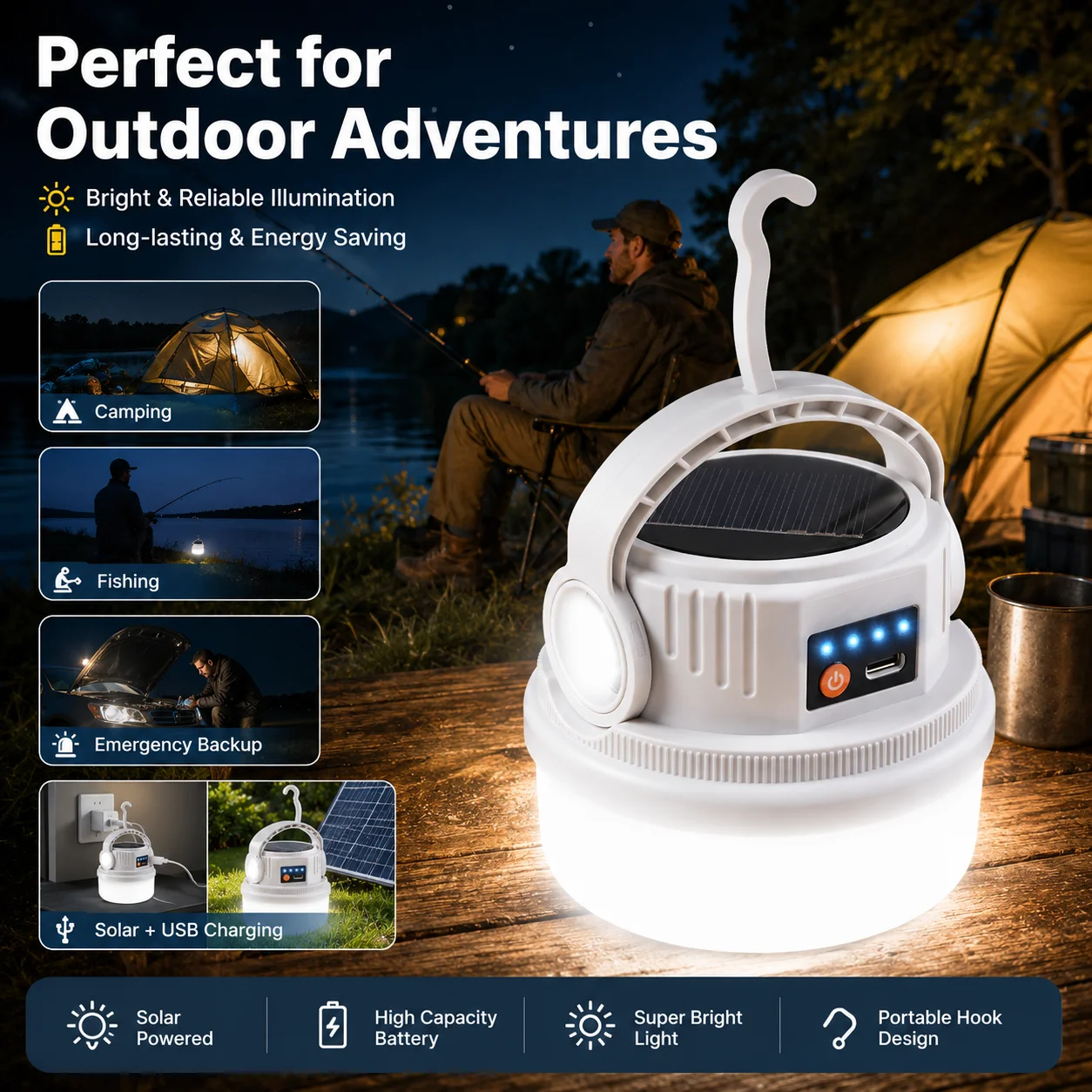 Lampe camping solaire LED rechargeable USB, double charge, étanche, lampe tente, torche LED portable avec crochet suspension LED gallery 5