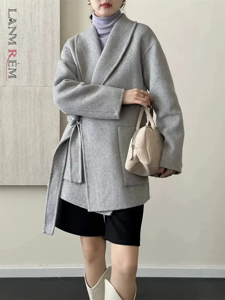 LANMREM Elegant Bow Lace-up Double Sided Woolen Coat For Women Lapel Solid Color Short Coats 2024 Autumn New Clothing 2Z2336