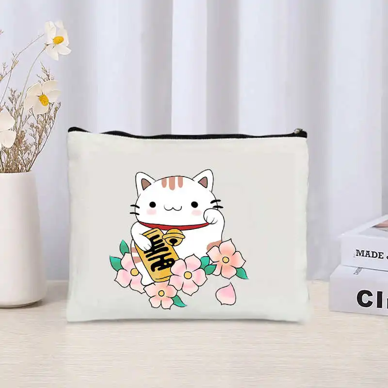 TOKYO JAPAN Maneki Neko Cute Japanese Lucky Cat Mount Fuji Janpan Style Kyoto Geisha Canvas Totes Bag Shopping Shoulder Handbags