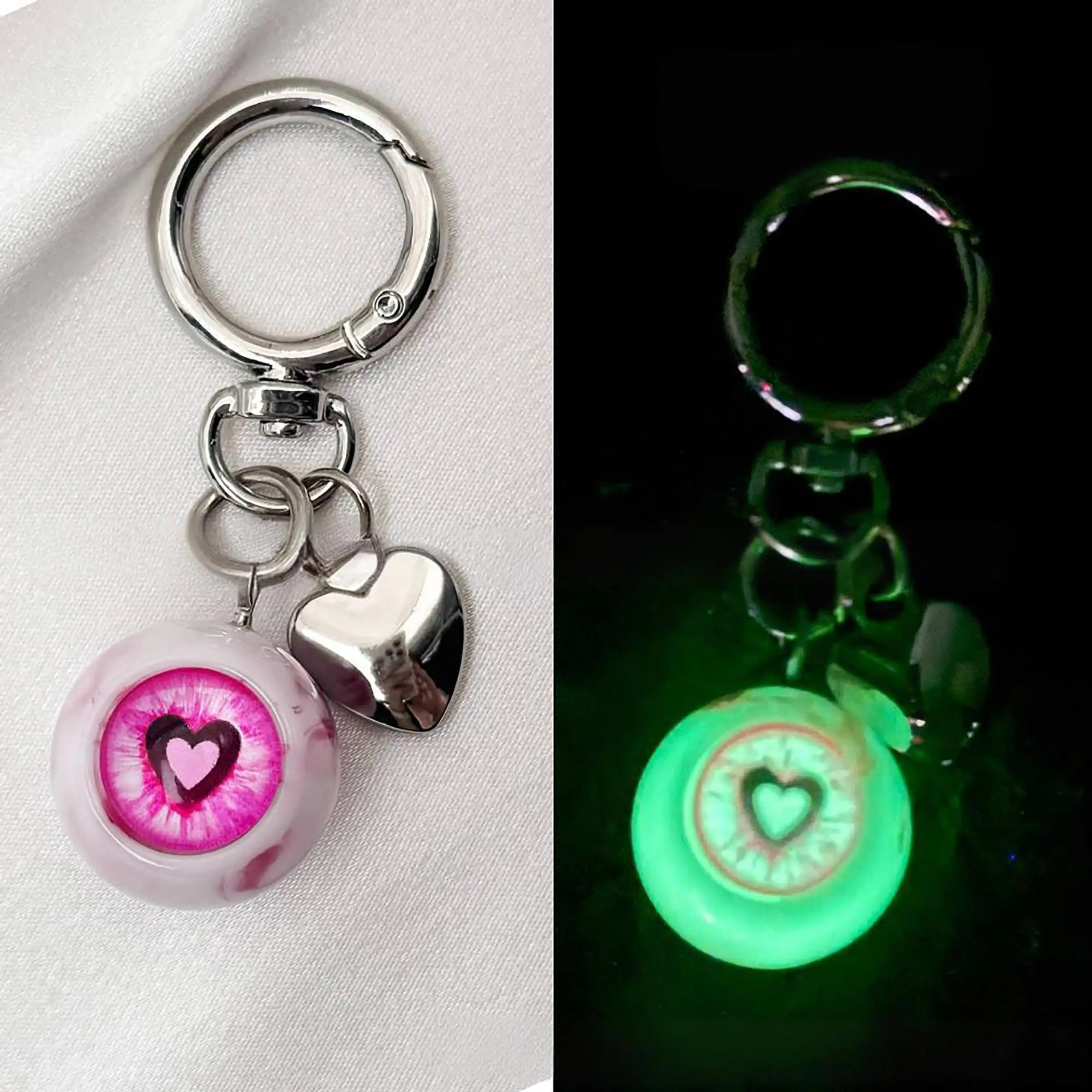 Noctilucent Gothic Keychain Horror Eyeball Bag Charm, Halloween Accessory, Gothic Heart Shaped Keyring, Funny Decoration