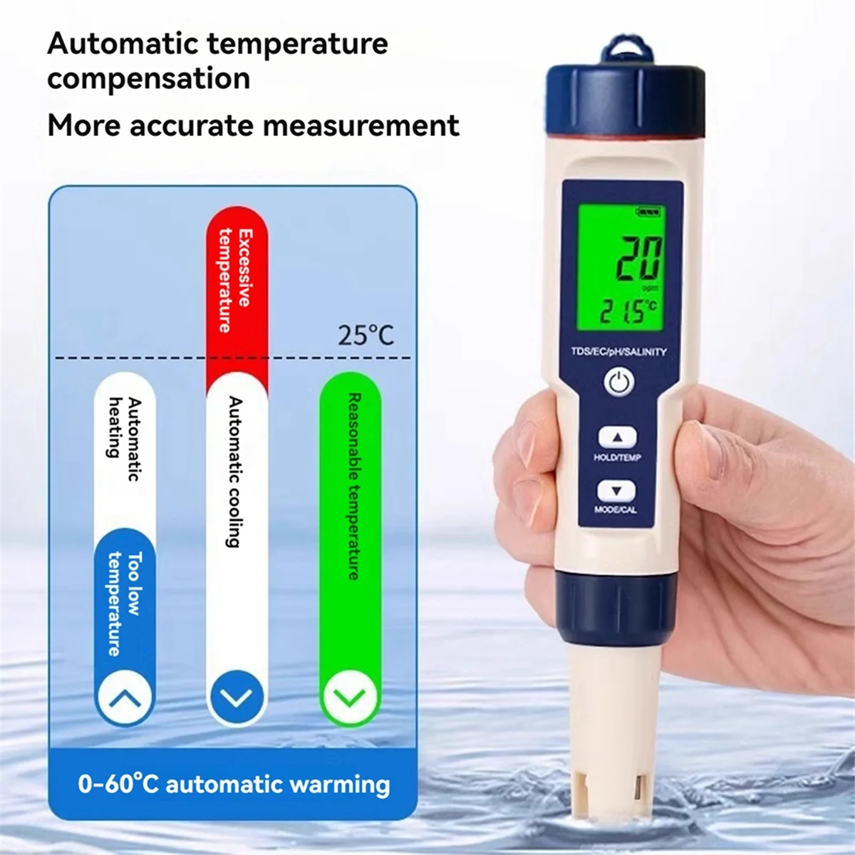 

QA08I 5 in 1 EC TDS Salinity Temperature PH Meter Water Quality Tester for Food Beverages Salt Content Aquarium Seawater ATC