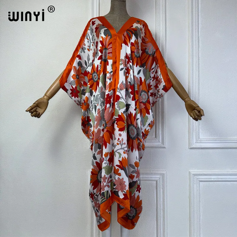 WINYI Summer african V-neck dress Printed beach wear women 2024 Loose Femme Robe Muslim beach cover ups silk feel evening dress