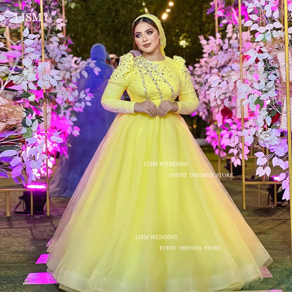 

LISM Vintage Glitter Yellow Organza A-Line Muslim Evening Dresses Arabic Women Long Sleeves Formal Occasion Dress Custom Made