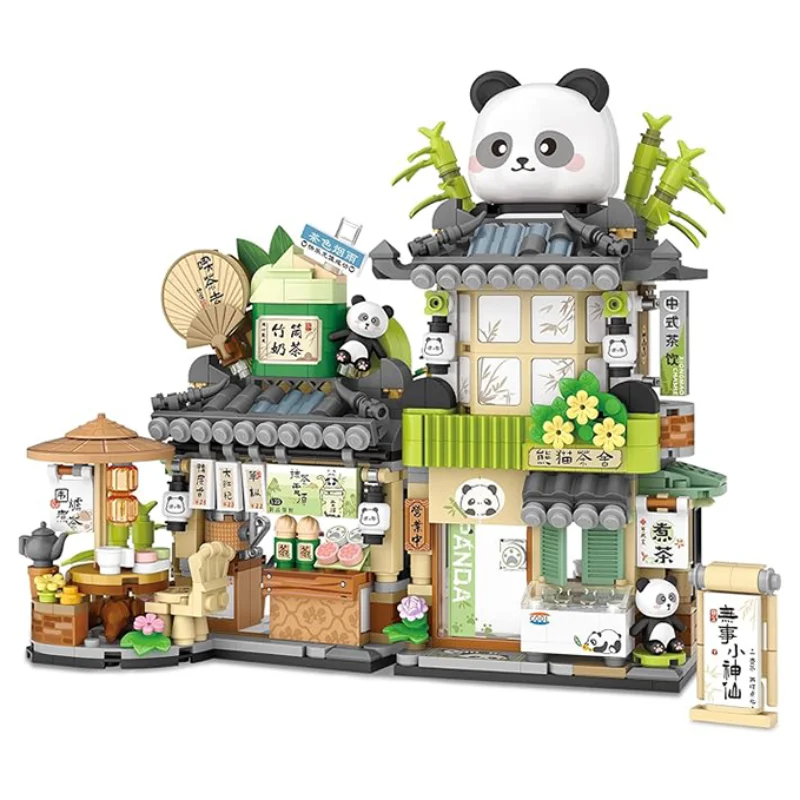

Panda Pet Building Blocks Coffee Shop Store Fold City Street View Shop Food House Kit Girls Assembly Bricks Model Toys Gifts