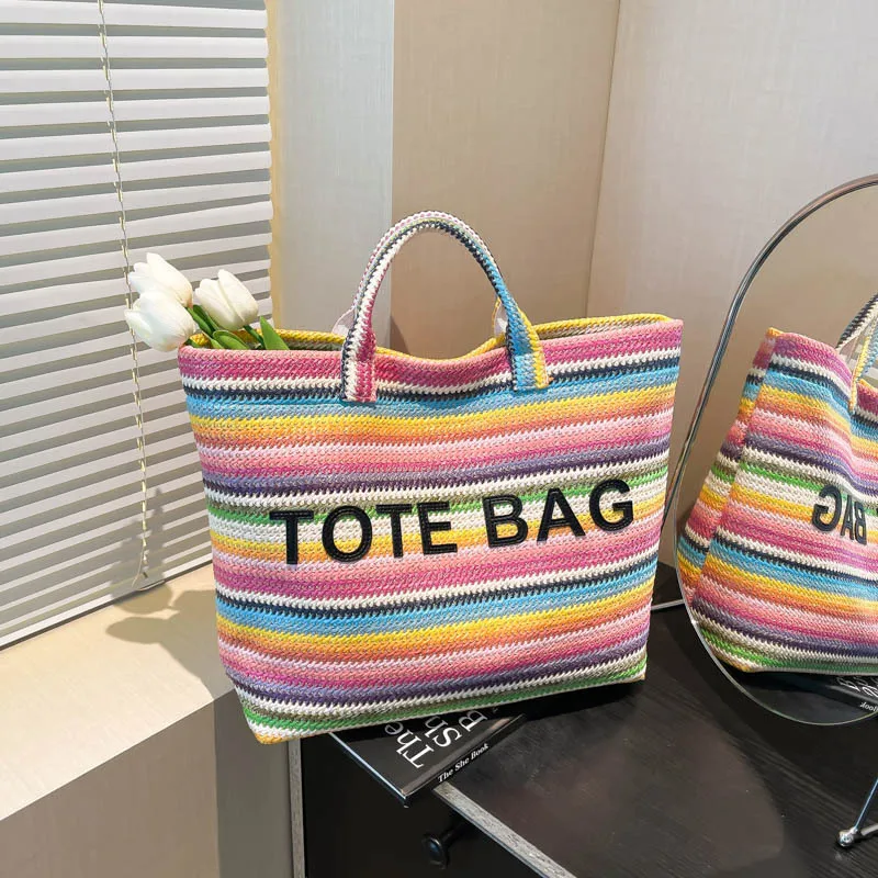 

​​2025 Summer Woven Beach Tote, Oversized Striped Shoulder Bag for Women, Spacious Carryall with Top Handle, Lightweight Picnic