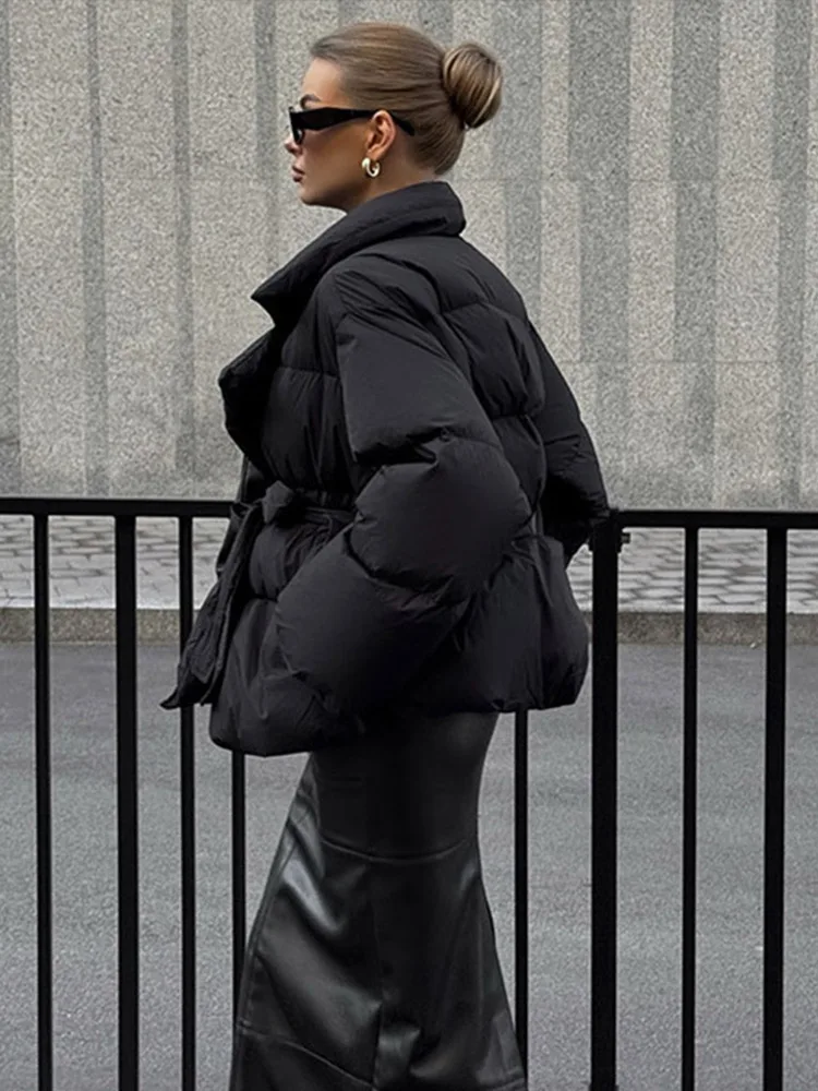 Casacos de algodão elegantes femininos lapela rendas até manga longa com bolso jaquetas curtas 2025 outono inverno engrossar quente senhora outerwears