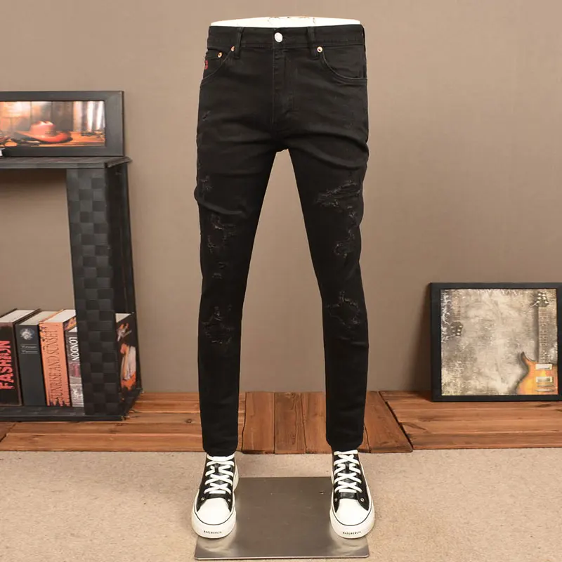 

Street Designer Fashion Men Jeans Black Stretch Slim Fit Ripped Jeans Men High Quality Y2K Vintage Casual Denim Pants Hombre