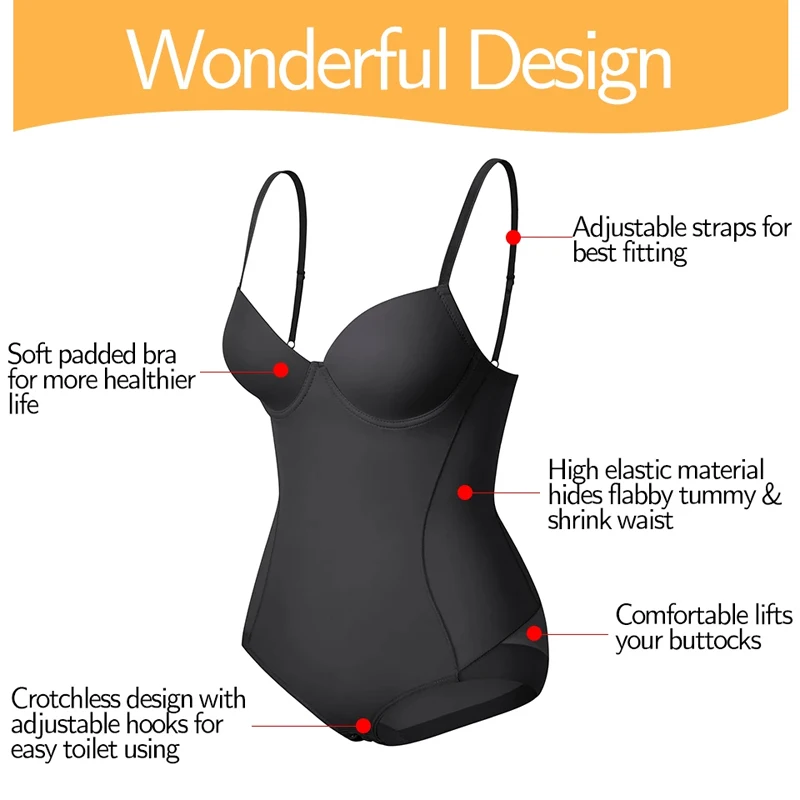 Women Sexy Body Shapewear Bodysuits Built-In Bra Camisole Tops  Waist Trainer Slim Full Body Shaper Lingerie With Underwire Cup