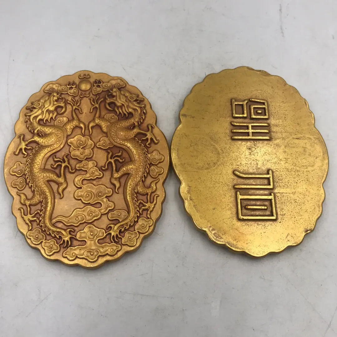 Vintage Antique Imperial Decree Token Military Tiger Tally Gold Seal Statue Gilt Pair